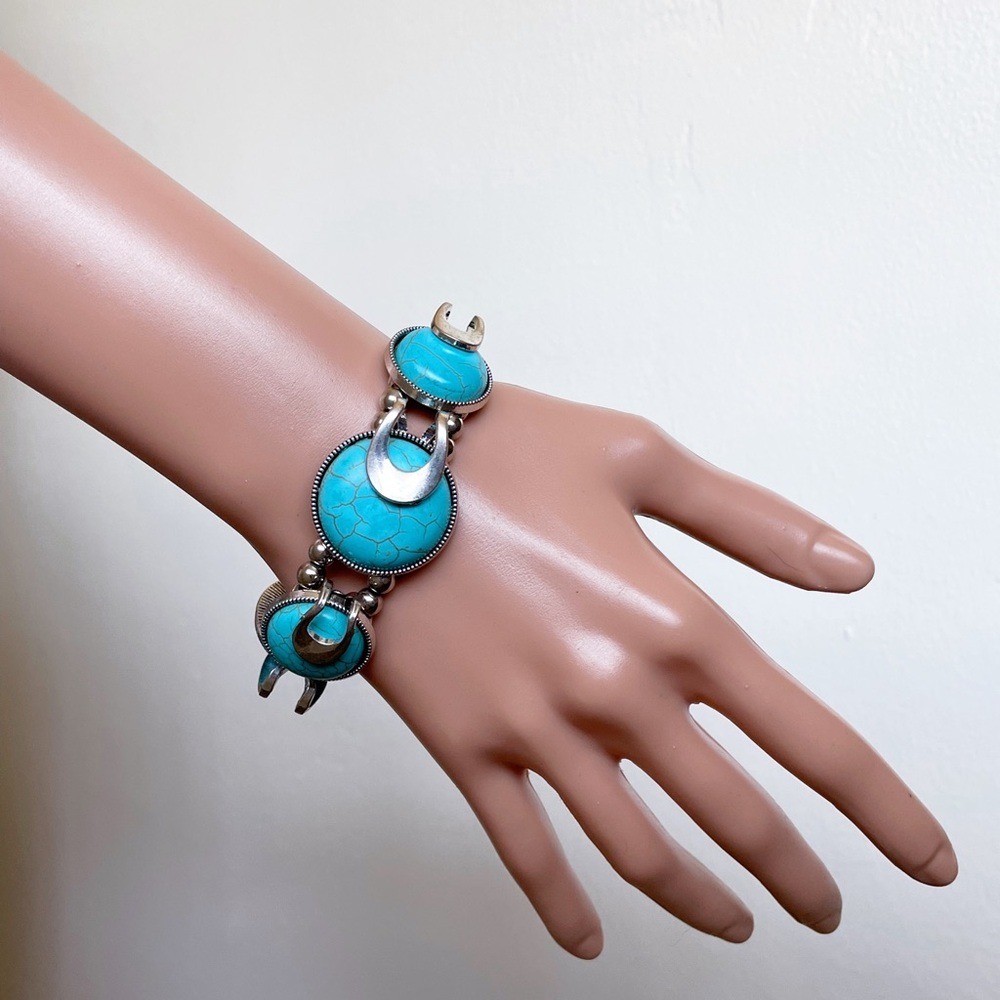 South Western Boho Faux Silver Turquoise Round Chunky Bracelet